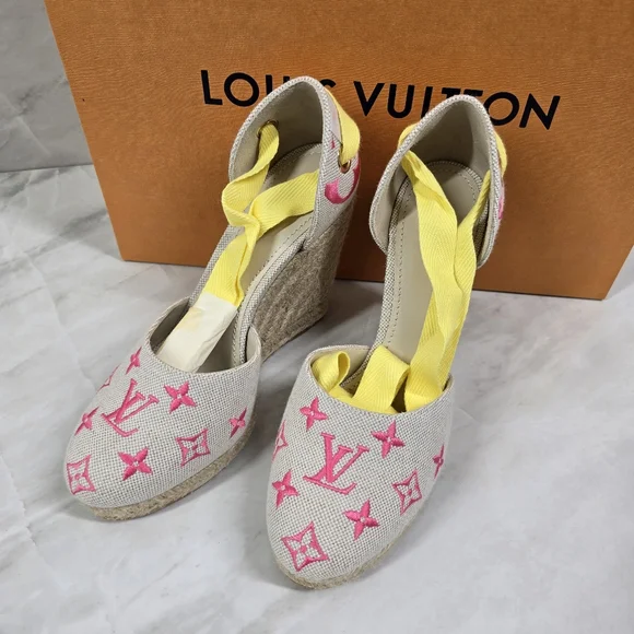 Louis Vuitton Pink and Yellow Espadrille Wedges - Picture 2 of 9